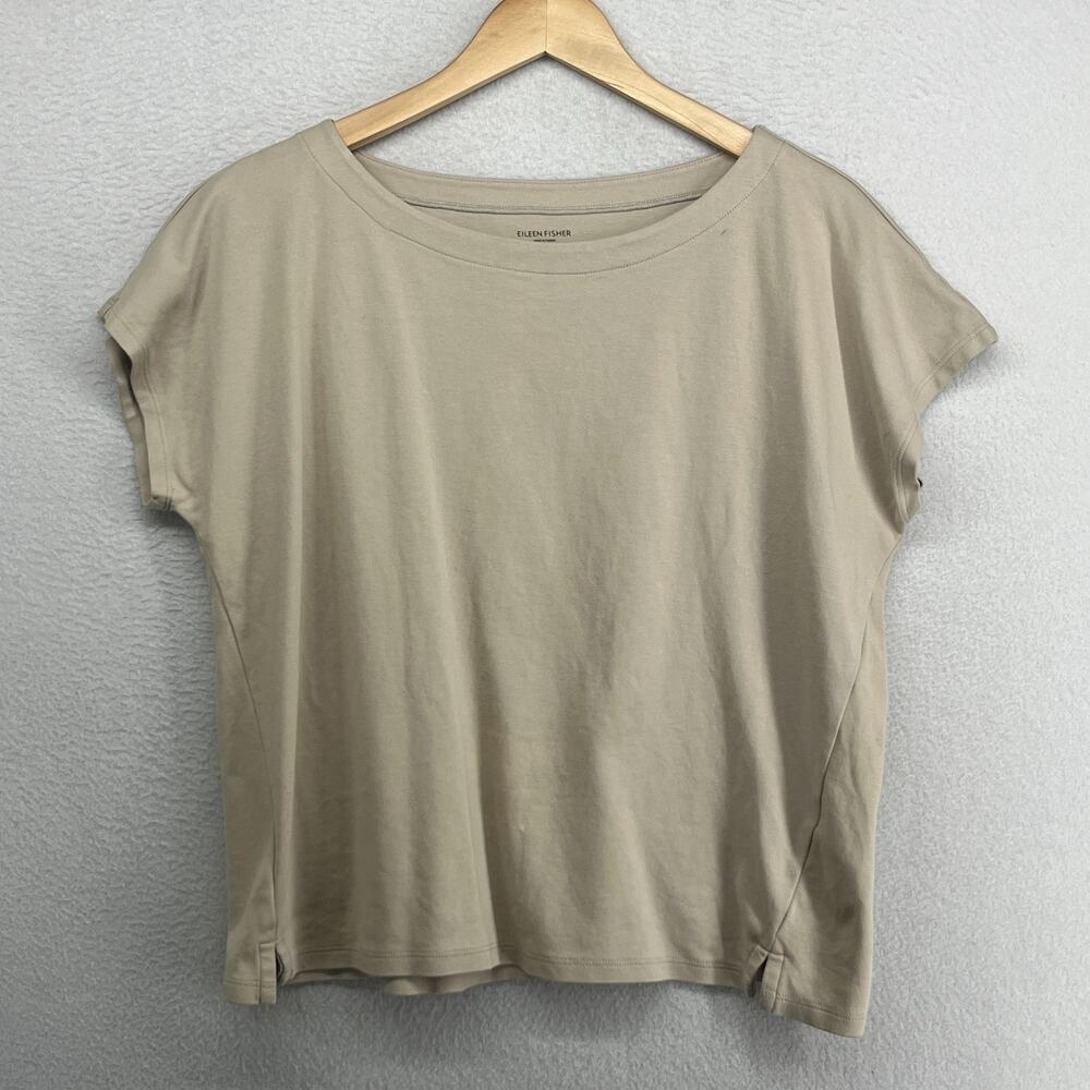 EILEEN FISHER Top L Organic Cotton Interlock Jersey Boat Neck Cap Sleeve Beige